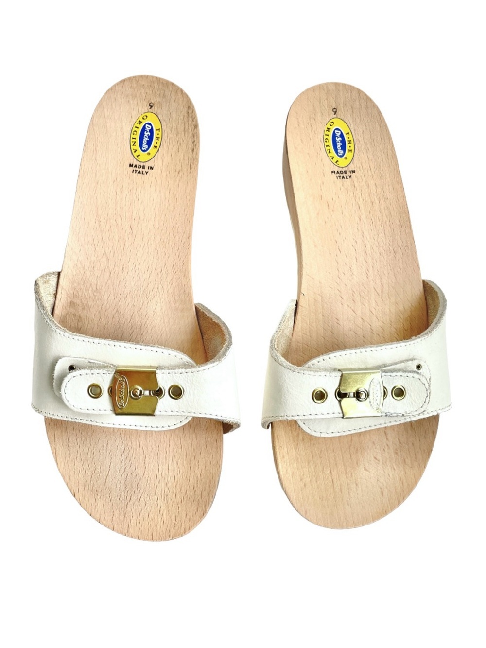 Vintage Dr. Scholl’s Original Made in Italy Wooden Clogs, White Leather Size 9